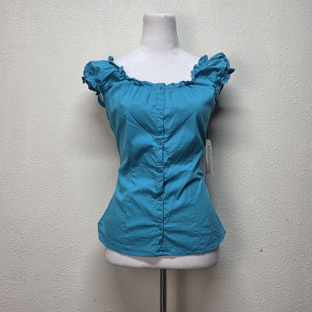 Millenium Teal Fitted Cap Ruffled Sleeves Blue Fitted Cap Sleeve Blouse Size